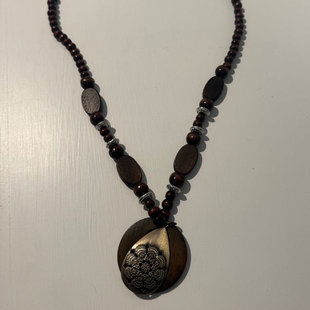 Wooden Beaded Necklace with Metal Accents
